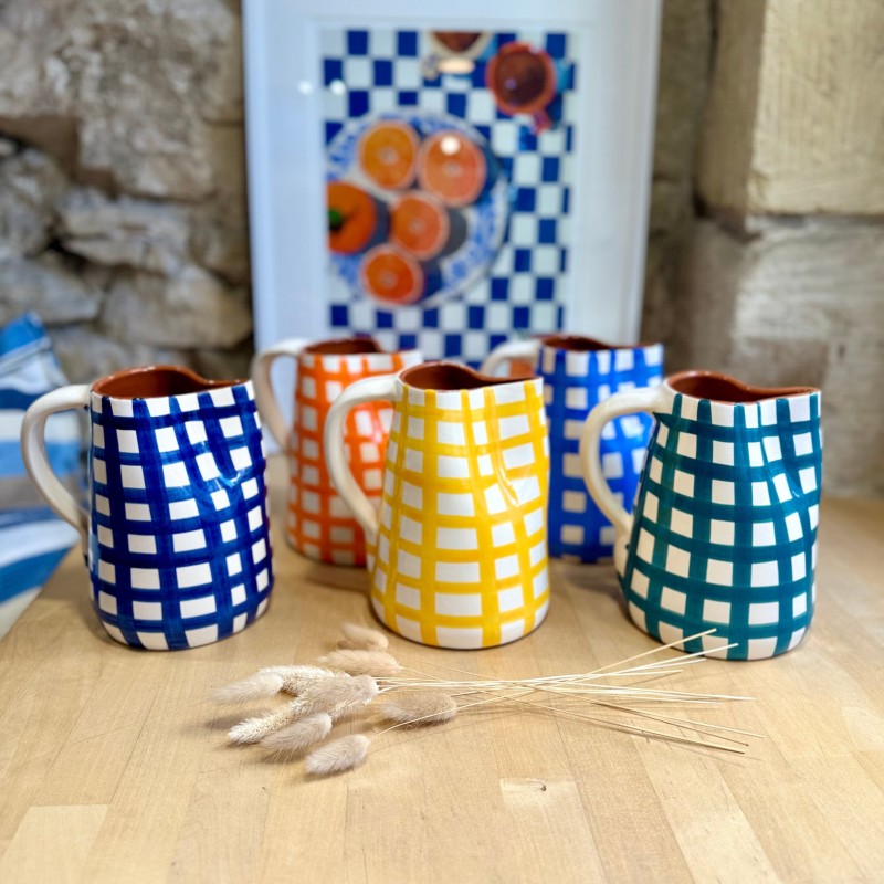 AZUL - Pichet quadrillé épais en terre cuite artisanale - 1L