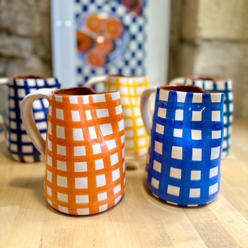 AZUL - Pichet quadrillé épais en terre cuite artisanale - 1L