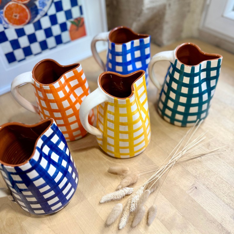 AZUL - Pichet quadrillé épais en terre cuite artisanale - 1L