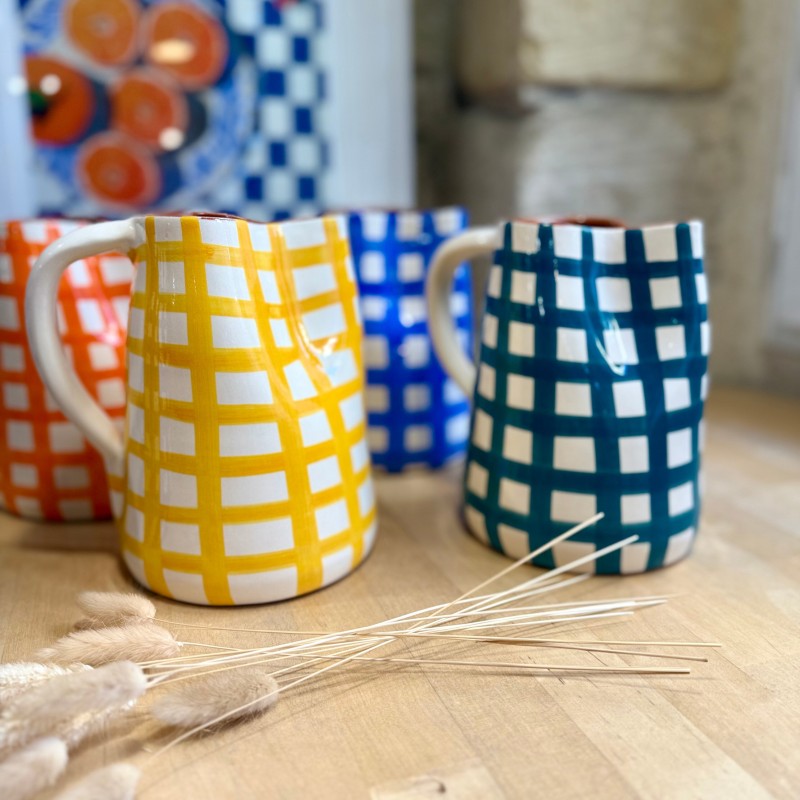 AZUL - Pichet quadrillé épais en terre cuite artisanale - 1L